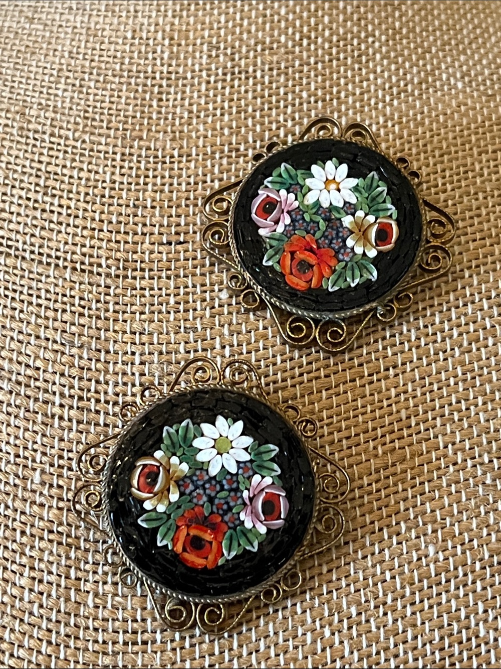 Floral Micro-Mosaic Black Round Brooch Pair - Vintage-Inspired Women’s Accessory